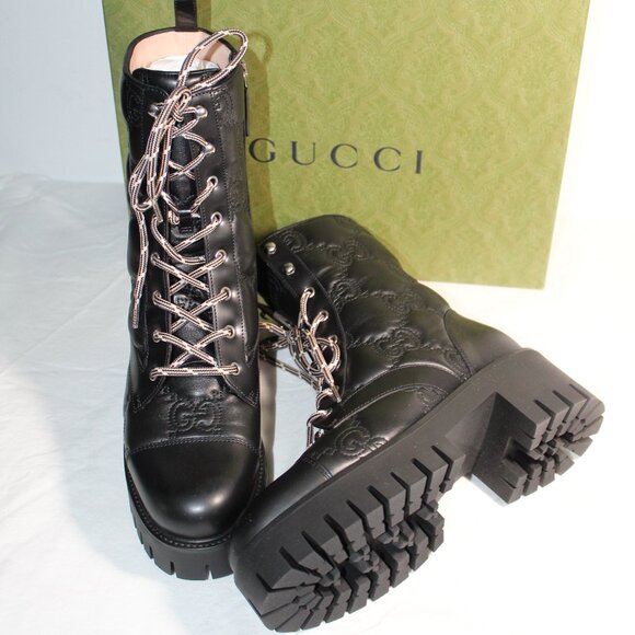 NWB Gucci GG Embossed Matelasse Cordovan Lux Nappa Lace Up Boots Booties 718386 - Picture 4 of 8